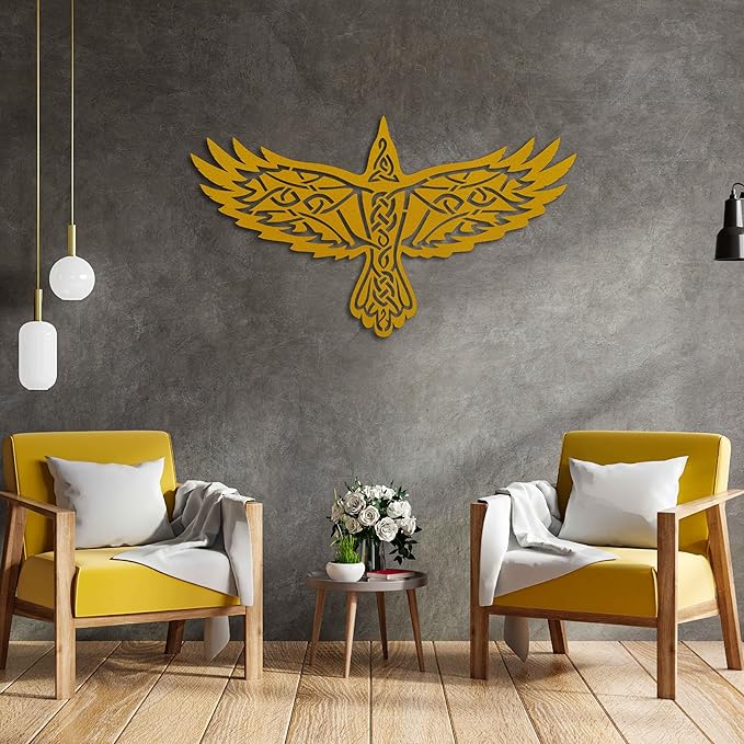 KAWA METALWORKS Nordic Viking Raven Metal Wall Art Decor, Norse Mythology Sculpture, Odin's Raven Wall Decor (Gold, Small - 10.2" x 18" H x W)