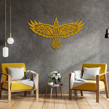 KAWA METALWORKS Nordic Viking Raven Metal Wall Art Decor, Norse Mythology Sculpture, Odin's Raven Wall Decor (Gold, Small - 10.2" x 18" H x W)