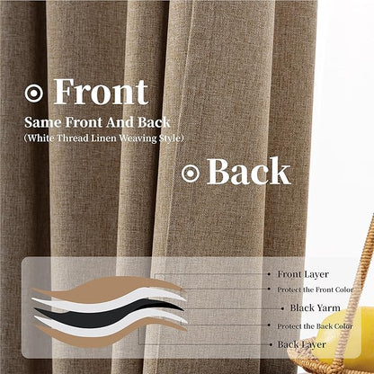 KangBang Blackout Linen Textured Curtains 60x102 Inch, Extra Wide Black Out Curtains for Large Windows, Back Tab/Rod Pocket/Hook Belt Rustic Tan Drapes with Hooks for Track,2 Panels,Biscuit