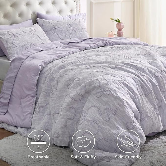 Bedsure Twin Size Comforter Set, Light Purple Boho Tufted Bed Set, 3D Puffy Jacquard Bedding Twin Size, 2 Pieces, 1 Farmhouse Shabby Chic Embroidery Comforter with Bow Pattern & 1 Pillow Case