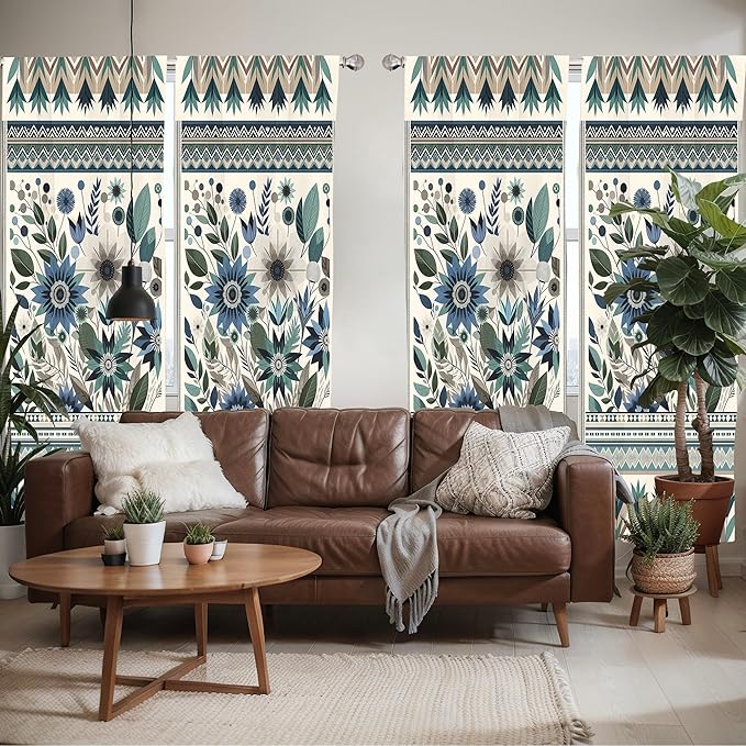 Ambesonne Art Floral Window Curtains Pack of 2, Gentle Flowers and Leaves of Spring Garden with Ethnic Boho Details, Lightweight Set with Rod Pocket, 4 Panels of - 28" x 95", Eggshell Laurel Green