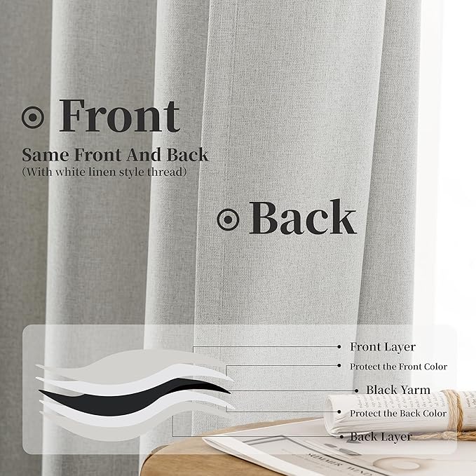 KangBang Blackout Linen Curtains 72 Inch Length 2 Panels- Back Tab Loop Pocket Light Blocking Linen Drapes for Cozy Vibes, Thermal Insulated Apartment-Friendly Curtains(52Wx72L, Light Grey)