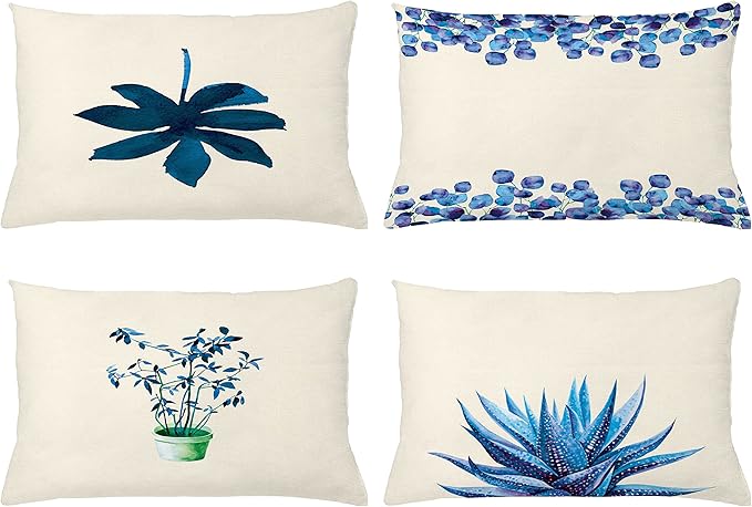 Ambesonne Botanical Throw Pillow Cushion Case Pack of 4, Minimalist Watercolor Painting Leaves Agave Branches Plant in a Pot, Modern Accent Double-Sided Printing, 20" x 12", Dark Turquoise Ceil Blue