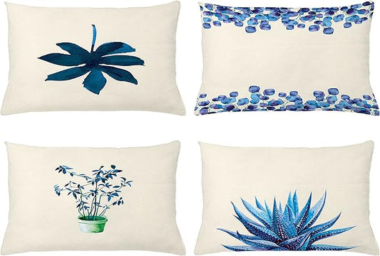 Ambesonne Botanical Throw Pillow Cushion Case Pack of 4, Minimalist Watercolor Painting Leaves Agave Branches Plant in a Pot, Modern Accent Double-Sided Printing, 20" x 12", Dark Turquoise Ceil Blue