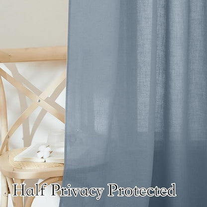 RYB HOME Extra Long Natural Linen Curtains 108 inch Length, Light Filtering Airy Fabric for Bedroom Home Office Cottage, Modern Vertical with Wrinkle Resistance, Dusty Blue, W 100 x L 108, 1 Pc