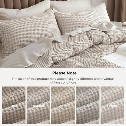 Bedsure 100% Cotton Duvet Cover Queen Size with Fitted Sheet - 4 Pieces Linen Color Waffle Weave Bedding Set, GentleSoft™ and Breathable, Includes 1 Duvet Cover 90x90, 1 Fitted Sheet, 2 Pillow Shams