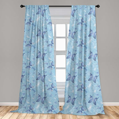 Ambesonne Butterfly Window Curtains, Pastel Color Dragonflies Floral Arrangement Swirls Curves Spring, Lightweight Decor 2-Panel Set with Rod Pocket, Pair of - 28" x 95", White Blue