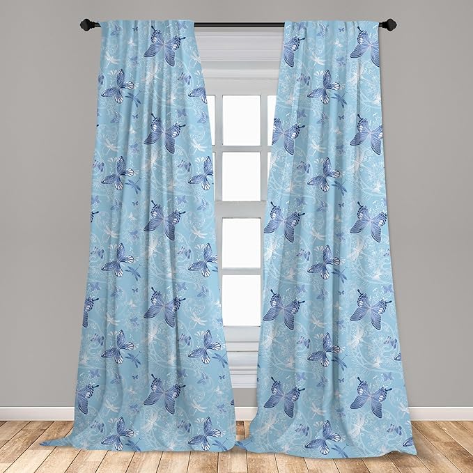 Ambesonne Butterfly Window Curtains, Pastel Color Dragonflies Floral Arrangement Swirls Curves Spring, Lightweight Decor 2-Panel Set with Rod Pocket, Pair of - 28" x 84", White Blue