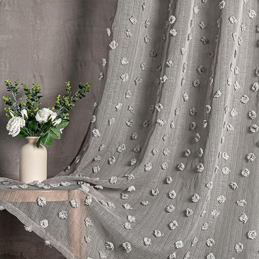 MYSKY HOME Pom Pom Grey Sheer Curtains for Bedroom Girls Room Curtains 108 Inches Long for Nursery Kids Light Filtering Boho Window Drapes, Rod Pocket, 38" Wide, 2 Panels