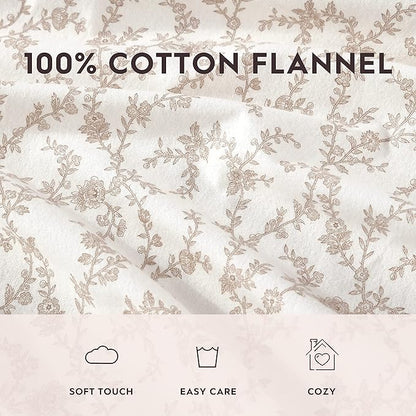Laura Ashley - Flannel Sheets Twin Size, Anti-Pilling & Wrinkle Resistant Cotton, Touchably Soft for All-Season Comfort - Bed Sheets with Matching Pillowcase & Fitted Sheet (Victoria Beige)