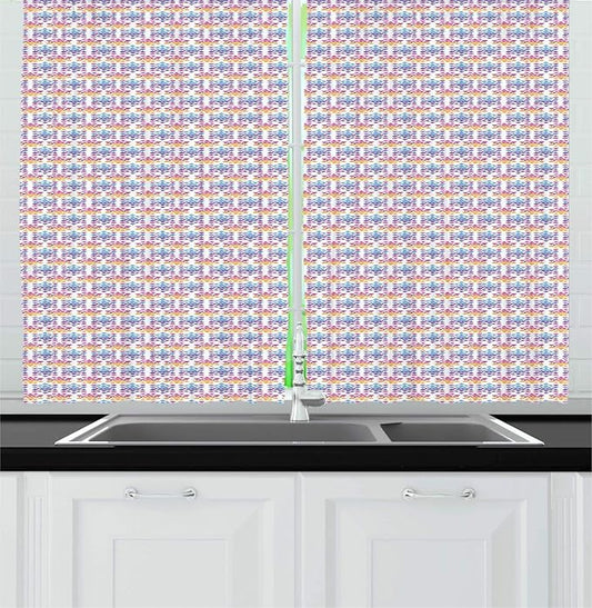 Lunarable Abstract Hippie Kitchen Curtains, Rhythmic Colorful Triangles Pattern, Window Drapes 2 Panel Set for Kitchen Cafe Decor, 55" X 39", Deep Sky Blue Blue Violet Earth Yellow and Fuchsia