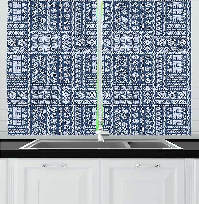 Lunarable Ethnic Kitchen Curtains, Repeated Geometric Tribal Aztec Native Angular Curved Motifs Pattern, Window Drapes 2 Panel Set for Kitchen Cafe Decor, 55" x 30", Dark Sky Blue Pale Mauve