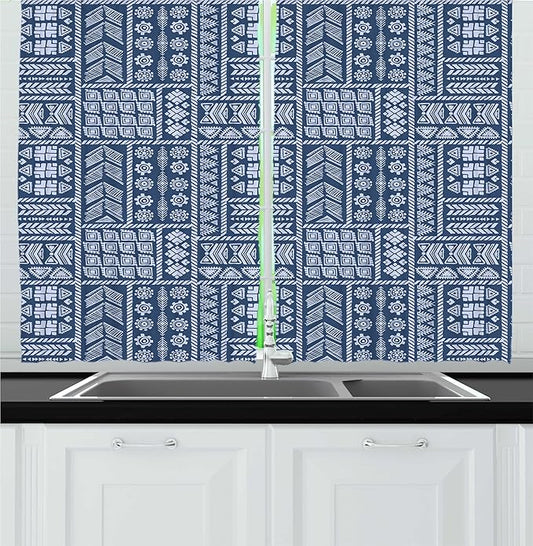 Lunarable Ethnic Kitchen Curtains, Repeated Geometric Tribal Aztec Native Angular Curved Motifs Pattern, Window Drapes 2 Panel Set for Kitchen Cafe Decor, 55" x 30", Dark Sky Blue Pale Mauve