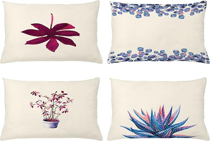 Ambesonne Botanical Throw Pillow Cushion Case Pack of 4, Minimalist Watercolor Painting Leaves Agave Branches Plant in a Pot, Modern Accent Double-Sided Printing, 20" x 12", Dark Pink and Ceil Blue
