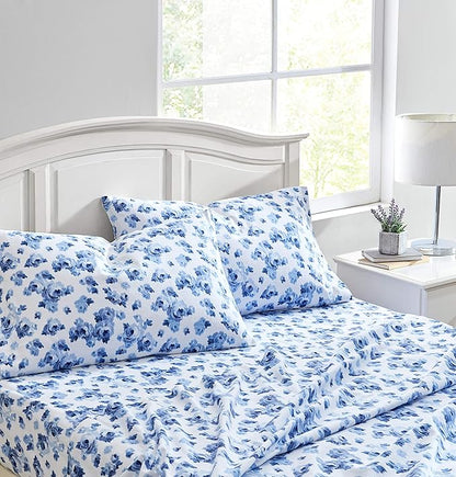 Laura Ashley - Flannel Sheets Twin Size, Anti-Pilling & Wrinkle Resistant Cotton, Touchably Soft for All-Season Comfort - Bed Sheets with Matching Pillowcase & Fitted Sheet (Emelisa Blue)