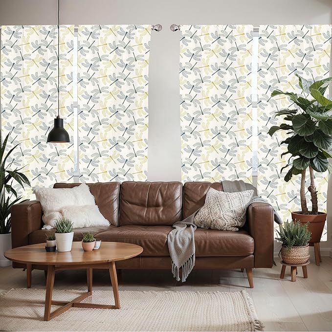 Ambesonne Dragonfly Window Curtains Pack of 2, Colorful Silhouettes of Exotic Insects Open Wings Beauty of Nature, Lightweight Set with Rod Pocket, 4 Panels of - 28" x 84", Green Mustard