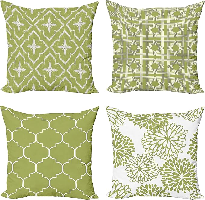 Ambesonne Vintage Throw Pillow Cushion Case Pack of 4, Monochrome Design Grid Trellis Quatrefoil Mesh and Dahlia Flowers Modern, Modern Accent Double-Sided Digital Printing, 20", Olive Green
