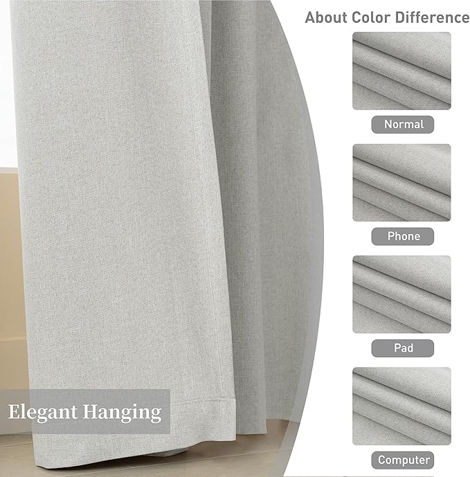 KangBang Light Grey Blackout Linen Curtains 84 Inches Long for Living Room Bedroom, Back Tab Loop Pocket Pleated Room Darkening Curtains Baby Sleep Friendly for Track System 7 FT,52Wx84L,2 PCs