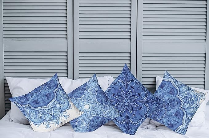 Ambesonne Ethnic Throw Pillow Cushion Case Pack of 4, Mandala Inspired Folk Art Themed Creative Motifs Mosaic Like Illustration Print, Modern Accent Double-Sided Digital Printing, 16", Blue White