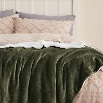 Bedsure GentleSoft Sherpa Fleece Blankets King Size for Bed - Thick and Warm Throw for Women and Men, Soft Fuzzy Plush King Blanket for Winter, Olive Green, 108x90 Inches