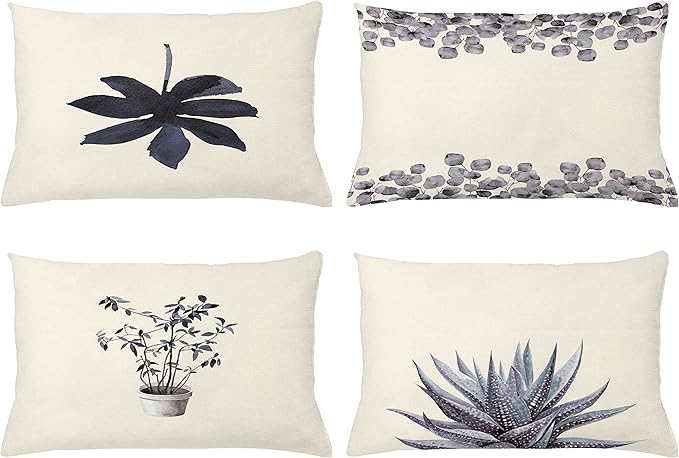 Ambesonne Botanical Throw Pillow Cushion Case Pack of 4, Minimalist Watercolor Painting Leaves Agave Branches Plant in a Pot, Modern Accent Double-Sided Printing, 20" x 12", Purpleblue and Dimgray