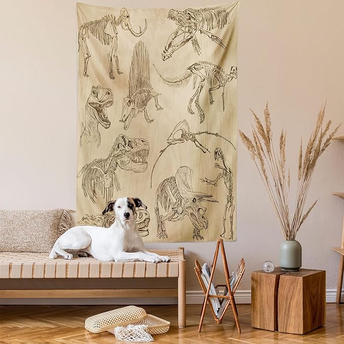 Lunarable Dinosaur Tapestry, Hand Drawn Style Skeletons Bones from Medieval Times Archeology Theme, Wall Hanging for Bedroom Living Room Dorm Decor, 40" X 60", Sand Brown Army Green