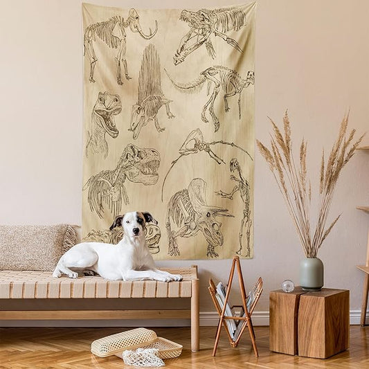 Lunarable Dinosaur Tapestry, Hand Drawn Style Skeletons Bones from Medieval Times Archeology Theme, Wall Hanging for Bedroom Living Room Dorm Decor, 40" X 60", Sand Brown Army Green