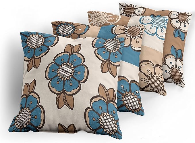 Ambesonne Retro Throw Pillow Cushion Case Pack of 4, Nostalgic Flower Petals Spring Vibes on Earthy Colors Mosaic Tile Themed, Modern Accent Double-Sided Digital Printing, 24", Sea Blue Umber and Tan