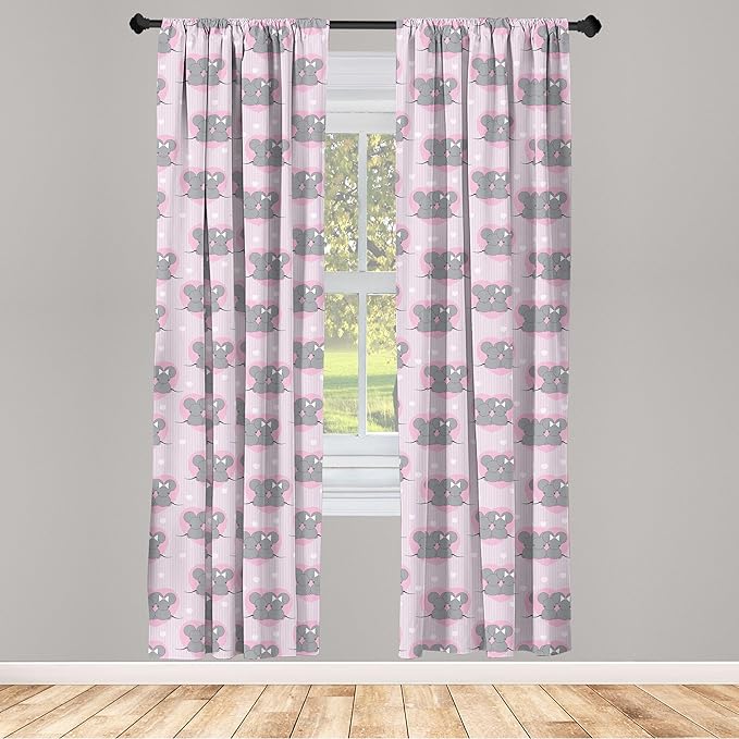 Ambesonne Pink and Grey Window Curtains, Little Mouse Characters with Hearts on Striped Backdrop Cartoon Lovers, Lightweight Decor 2-Panel Set with Rod Pocket, Pair of - 28" x 63", Grey Pink