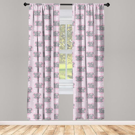 Ambesonne Pink and Grey Window Curtains, Little Mouse Characters with Hearts on Striped Backdrop Cartoon Lovers, Lightweight Decor 2-Panel Set with Rod Pocket, Pair of - 28" x 63", Grey Pink