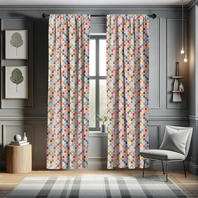 Ambesonne Geometric Window Curtains, Raindrops Doodle Style Creative Leaf Shaped Colorful Girls Theme, Lightweight Decor 2-Panel Set with Rod Pocket, Pair of - 28" x 95", Teal Coral