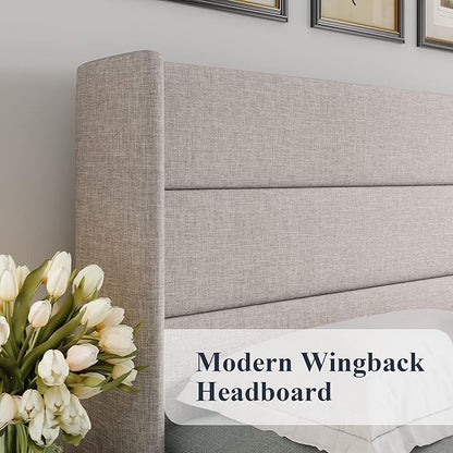Allewie King Size Lift Up Storage Bed, Modern Wingback Headboard, Hydraulic Support, No Box Spring Needed, Light Beige