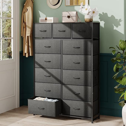WLIVE Storage Organizer Unit with 13 Fabric Bins, Storage Drawers Organizer with Steel Frame, Tall Storage Tower Organizaton for Living Room, Hallway, Office, Charcoal Black