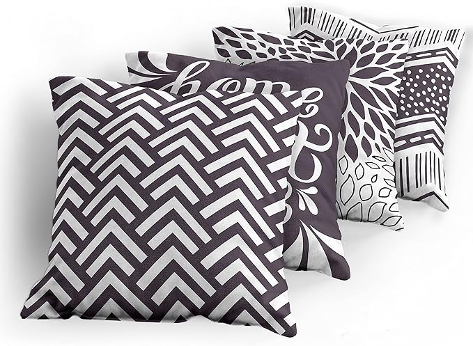 Ambesonne Geometric Throw Pillow Cushion Case Pack of 4, Home Phrase Minimal Zigzag Squama Dahlia Flower Petals Chevron Tribal, Modern Accent Double-Sided Digital Printing, 16", Dark Mauve and White