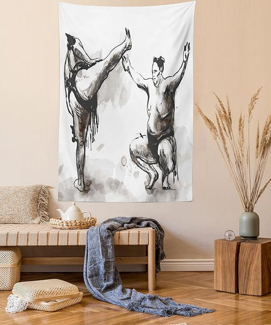 Lunarable Japan Tapestry, Sumo Martial Arts Theme in Hand Drawn Style Wrestlers Sportsmen Self Defence, Fabric Wall Hanging Decor for Bedroom Living Room Dorm, 23" X 28", Black White