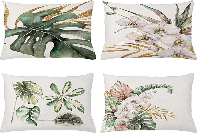 Ambesonne Vintage Tropical Throw Pillow Cushion Case Pack of 4, Retro Botanical Summer Vibes Monstera Leaf Orchid Flowers, Modern Accent Double-Sided Printing, 20" x 12", Laurel Green Ginger Blush