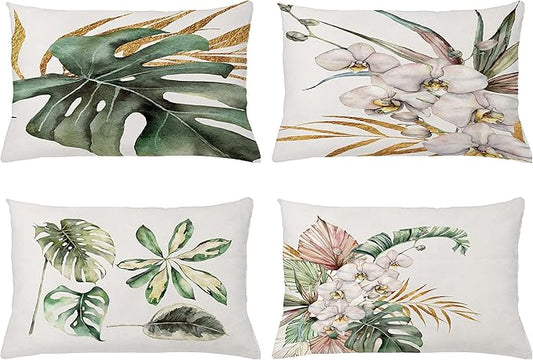 Ambesonne Vintage Tropical Throw Pillow Cushion Case Pack of 4, Retro Botanical Summer Vibes Monstera Leaf Orchid Flowers, Modern Accent Double-Sided Printing, 20" x 12", Laurel Green Ginger Blush