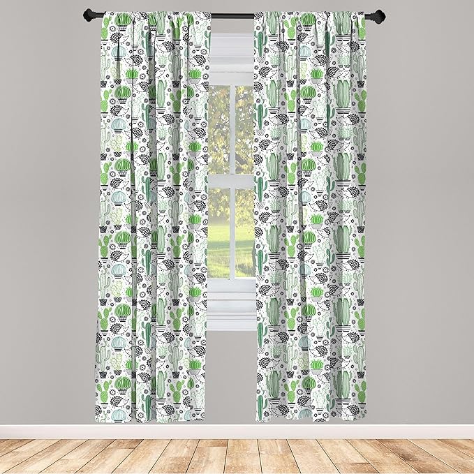 Ambesonne Cactus Curtains, Cartoon Style Inspired Drawing of Hedgehog Animals Saguaro and Prickly Pear, Window Treatments 2 Panel Set for Living Room Bedroom, Pair of - 28" x 84", White Green