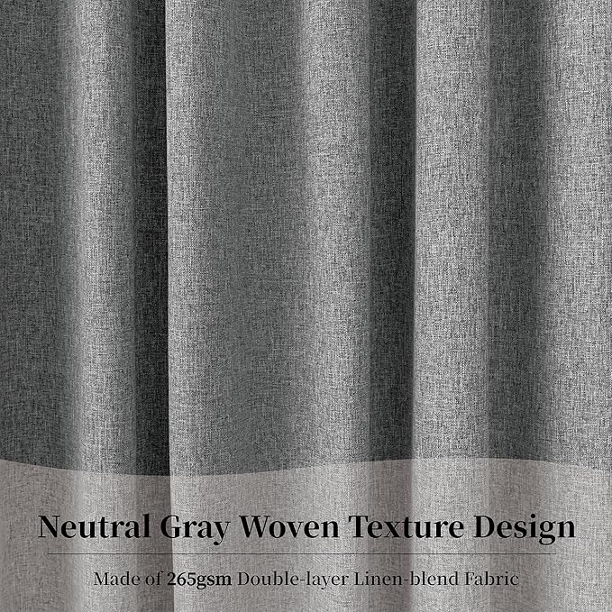 KangBang Grey Blackout Linen Curtains 108 Inches Long 2 Panels, Black Out Room Darkening Curtains Soft Thick Linen Back Tab Loop Pocket Pleated Neutral Drapes for Living Room,9FT, 52Wx108L, Frost Gray