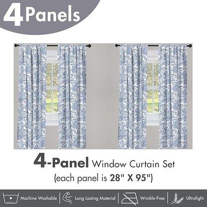Ambesonne Rose Window Curtains Pack of 2, Vintage Design of Monochromatic Flowers with Leaves Drawing, Lightweight Set with Rod Pocket, 4 Panels of - 28" x 95", Pale Blue