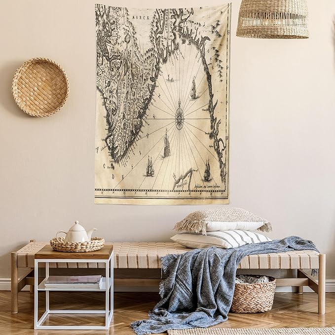 Lunarable World Map Tapestry Queen Size, Map of Southern Part of The Norway Vikings World Old Scandinavian Land, Wall Hanging Bedspread Bed Cover Wall Decor, Queen Size, Cream Grey