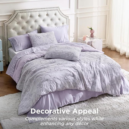 Bedsure Twin Size Comforter Set, Light Purple Boho Tufted Bed Set, 3D Puffy Jacquard Bedding Twin Size, 2 Pieces, 1 Farmhouse Shabby Chic Embroidery Comforter with Bow Pattern & 1 Pillow Case