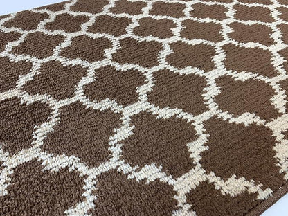 Custom Size Cut to Length Moroccan Trellis Design Runner Rug Mat For Wide Long Hallways with Non-Slip Rubber Backing, Better Traction for Pets, Prevent Slippage, Trellis Brown, 31 inch X 15 feet