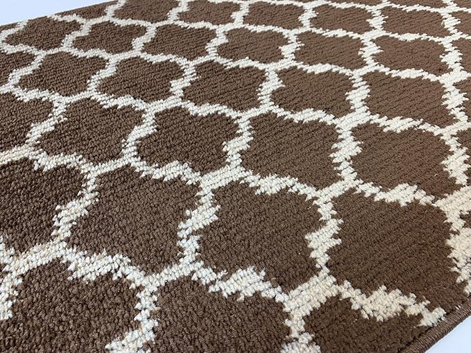 Custom Size Cut to Length Moroccan Trellis Design Runner Rug Mat For Wide Long Hallways with Non-Slip Rubber Backing, Better Traction for Pets, Prevent Slippage, Trellis Brown, 31 inch X 16 feet