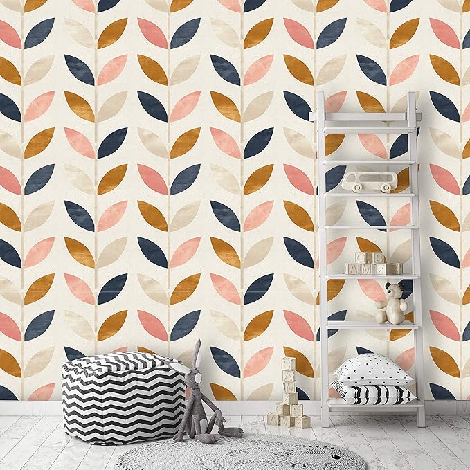 Removable Peel 'n Stick Wallpaper, Self-Adhesive Wall Mural, Rose Gold Blue Floral Pattern, Nursery Baby’s Room Decor • Scandinavian Design (24"W x 120"H Inches)