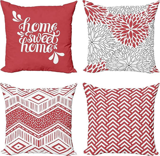 Ambesonne Geometric Throw Pillow Cushion Case Pack of 4, Home Phrase Minimal Zigzag Squama Dahlia Flower Petals Chevron Tribal, Modern Accent Double-Sided Digital Printing, 24", Dark Coral and White