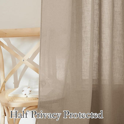 RYB HOME Extra Wide Linen Curtains 60 inches - Farmhouse Style Elegant Semi Sheer Panels for Dining Room Bathroom Playroom Natural Privacy Protection, Khaki, W 60 x L 84, 1 Pc