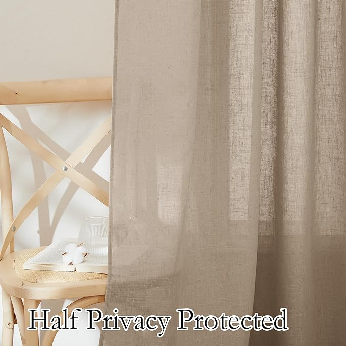 RYB HOME Extra Long Linen Curtains for Dining Room 120 inches Long, Farmhouse Light Filtering Privacy Lightweight Floor Sweeping Drapes for Living Room, Khaki, 52" W, 2 Panels