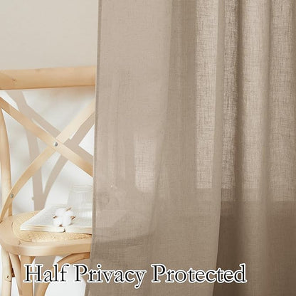 RYB HOME Natural Linen Blend Sheer Curtains for Kitchen, Semi Sheer Light Filtering Privacy Protected Rod Pocket Curtain Panels for Small Window, 52 x 45 inch, Khaki, 2 Panels Set