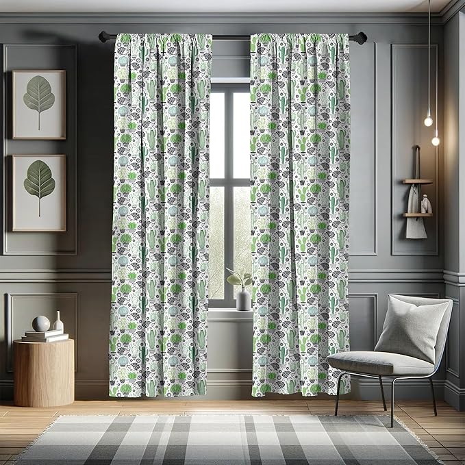 Ambesonne Cactus Curtains, Cartoon Style Inspired Drawing of Hedgehog Animals Saguaro and Prickly Pear, Window Treatments 2 Panel Set for Living Room Bedroom, Pair of - 28" x 84", White Green